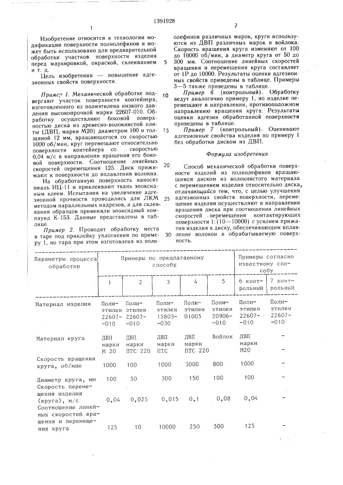 Способ механической обработки поверхности изделий из полиолефинов (патент 1391928)