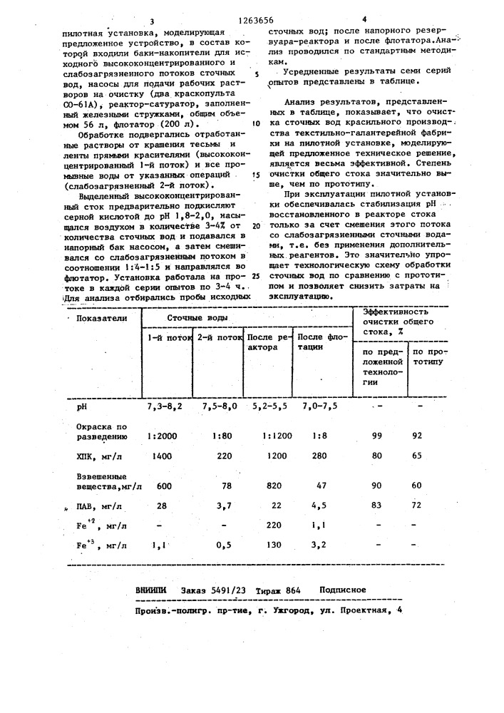 Установка для очистки сточных вод красильно-отделочных производств (патент 1263656)