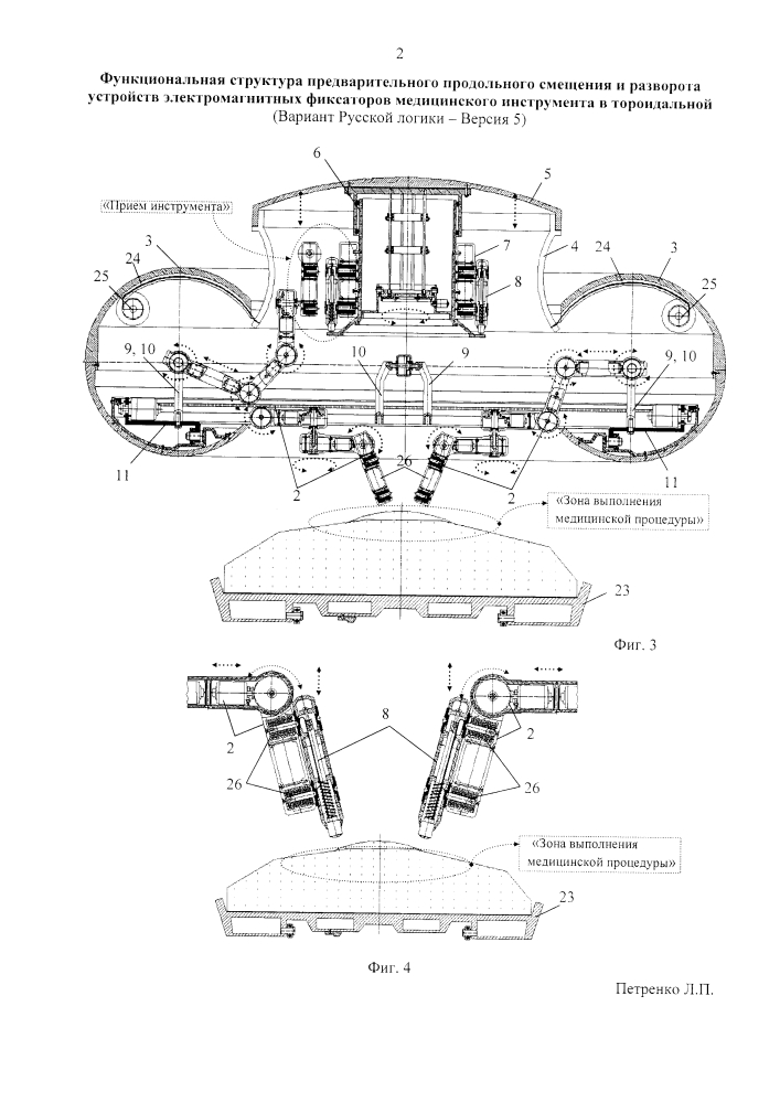 Функциональная структура предварительного продольного смещения и разворота устройств электромагнитных фиксаторов медицинского инструмента в тороидальной хирургической робототехнической системе с выдвижной крышкой (вариант русской логики - версия 5) (патент 2600292)