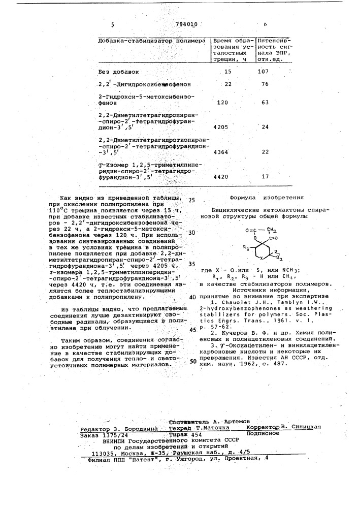 Бициклические кетолактоны спирановойструктуры b качестве стабилизаторовполимеров (патент 794010)