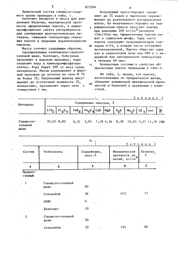 Шихта для изготовления облицовочных плиток (патент 872504)