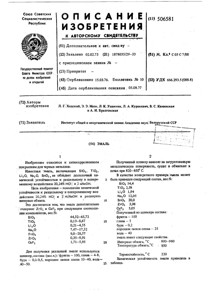 Эмаль (патент 506581)