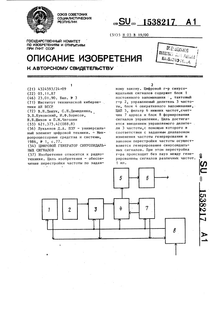 Цифровой генератор синусоидальных сигналов (патент 1538217)