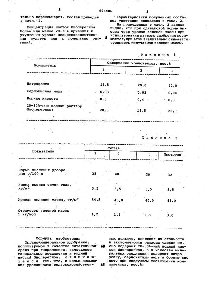 Органо-минеральное удобрение (патент 996406)