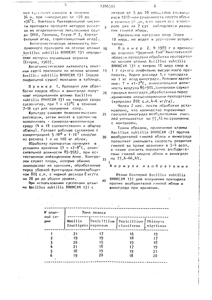 Штамм бактерий bacillus suвтilis для получения препарата против возбудителей гнилей яблок и винограда при хранении (патент 1706504)