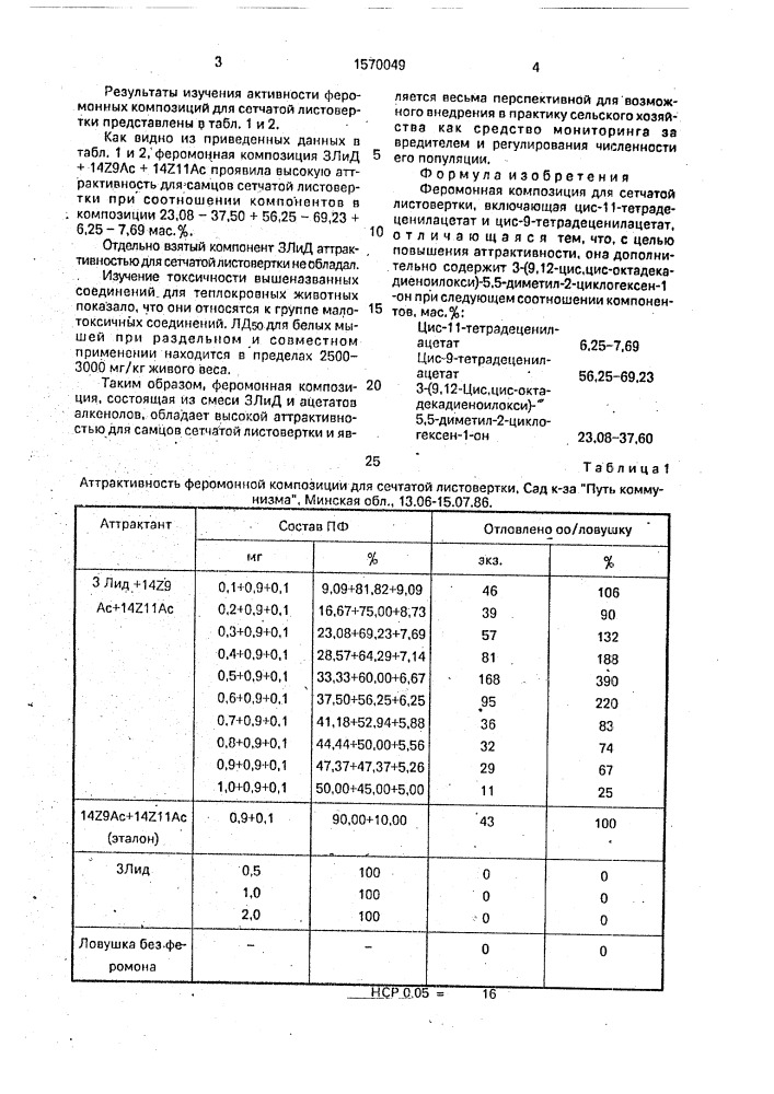 Феромонная композиция для сетчатой листовертки (патент 1570049)