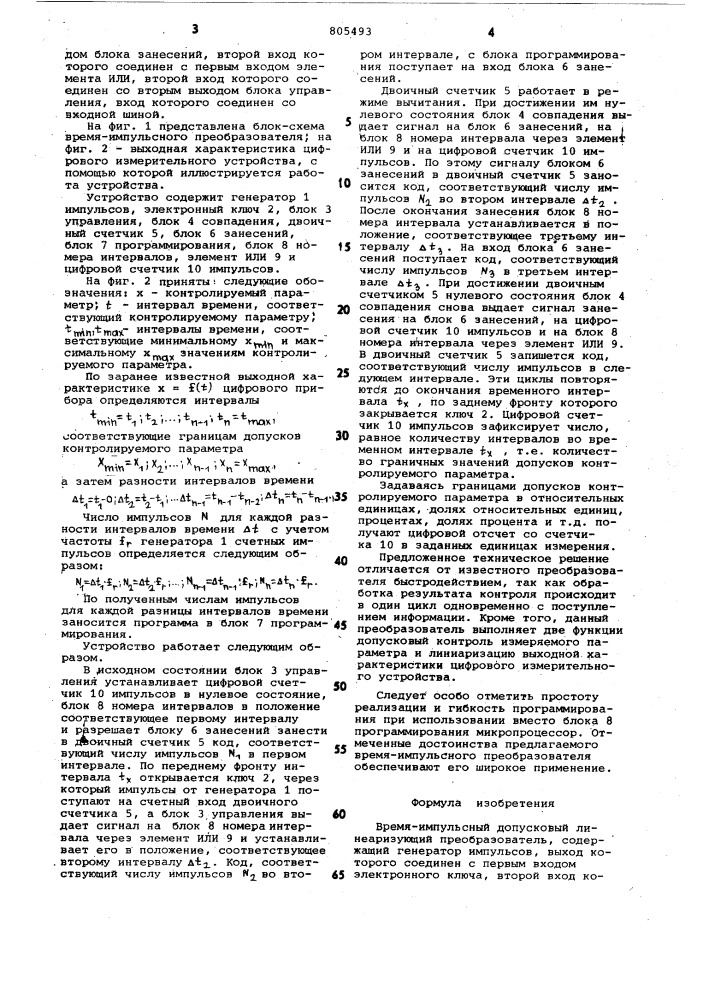 Время-импульсный допусковый линеаризу-ющий преобразователь (патент 805493)