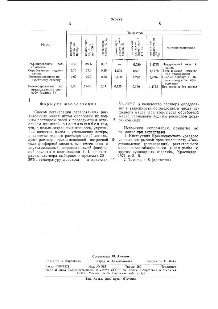 Способ регенерации отработанных растительных масел (патент 878779)