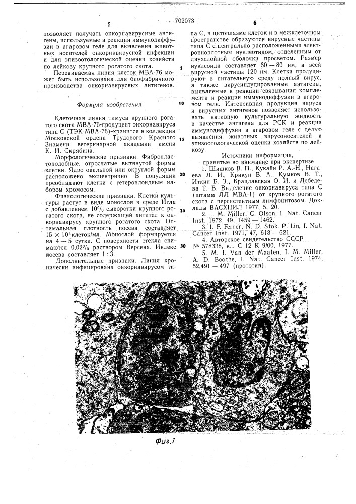 Клеточная линия тимуса эмбриона крупного рогатого скота мва- 76 "продуцент" онкорнавируса типа с(тэк-мва-76) (патент 702073)