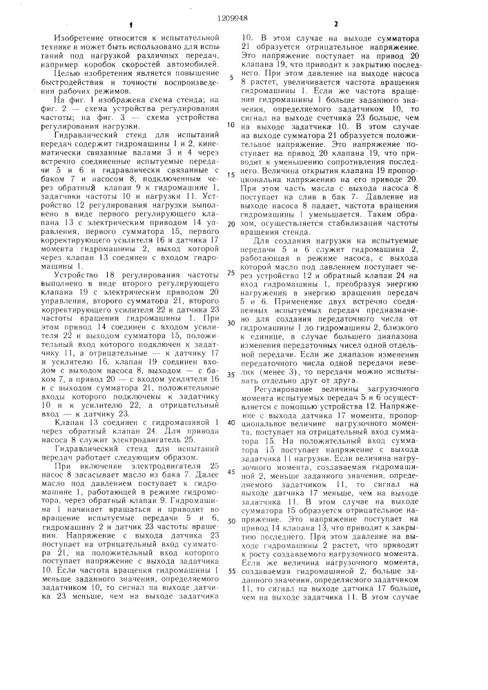 Гидравлический стенд для испытаний передач (патент 1209948)