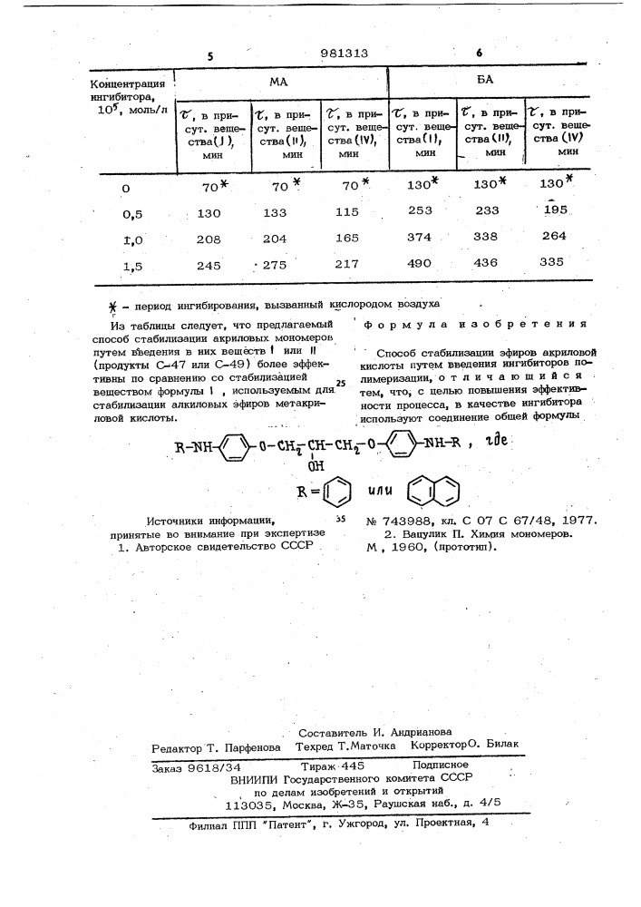 Способ стабилизации эфиров акриловой кислоты (патент 981313)