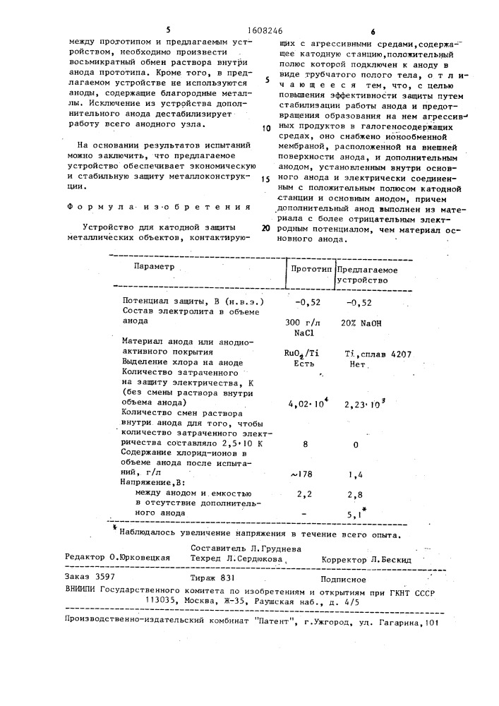 Устройство для катодной защиты металлических объектов (патент 1608246)