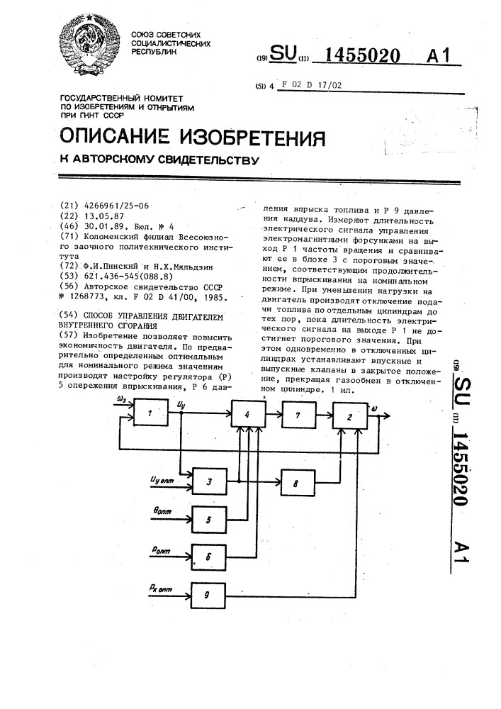 Способ управления двигателем внутреннего сгорания (патент 1455020)