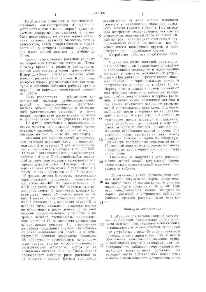 Машина для выкопки корней лекарственных растений (патент 1346066)