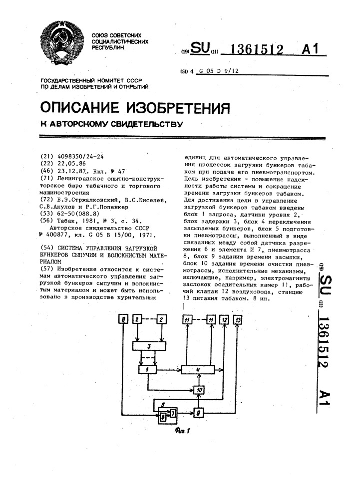 Система управления загрузкой бункеров сыпучим и волокнистым материалом (патент 1361512)