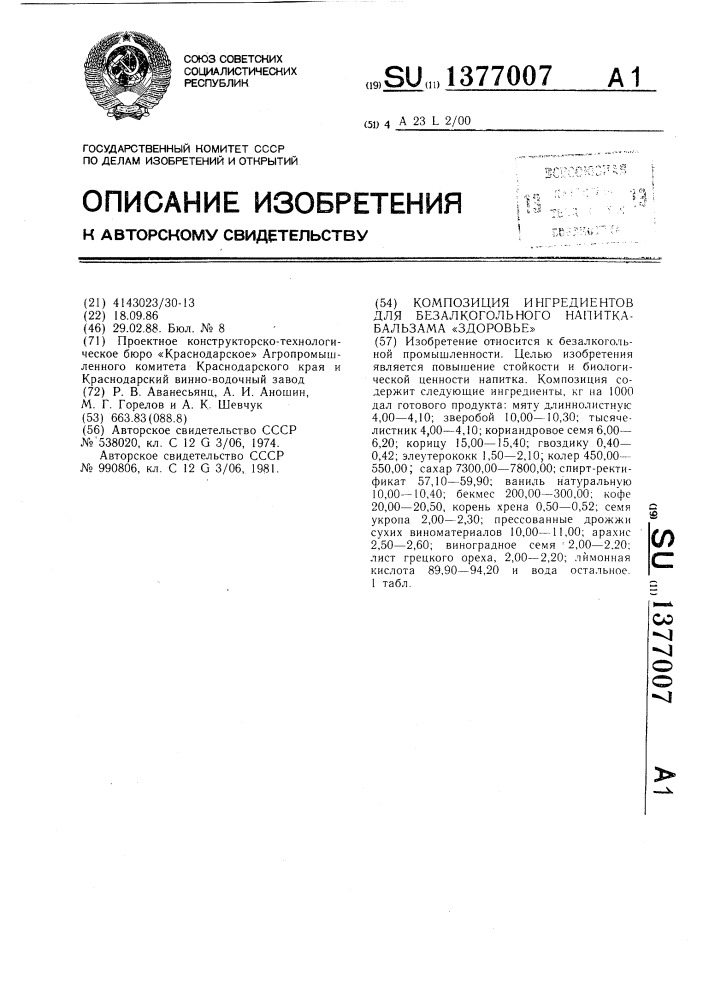 Композиция ингредиентов для безалкогольного напитка- бальзама "здоровье (патент 1377007)