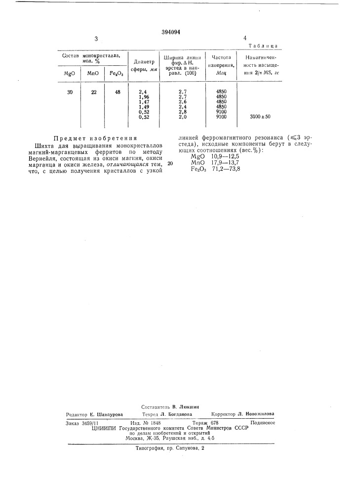Шихта для выращивания монокристаллов магний-марганцевых ферритов (патент 394094)