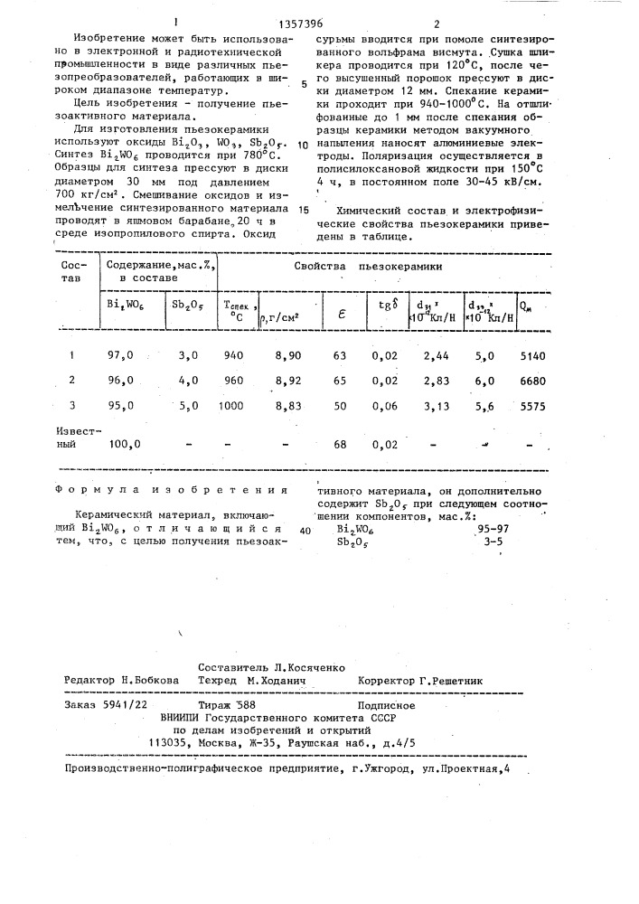 Керамический материал (патент 1357396)