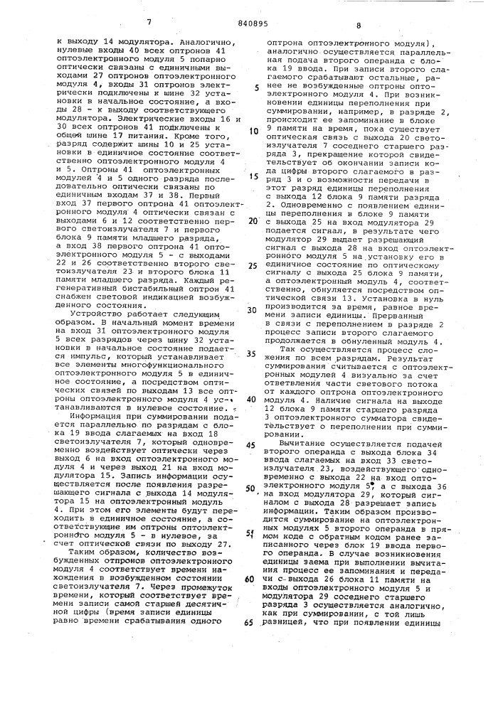 Оптоэлектронный десятичный сумматор (патент 840895)