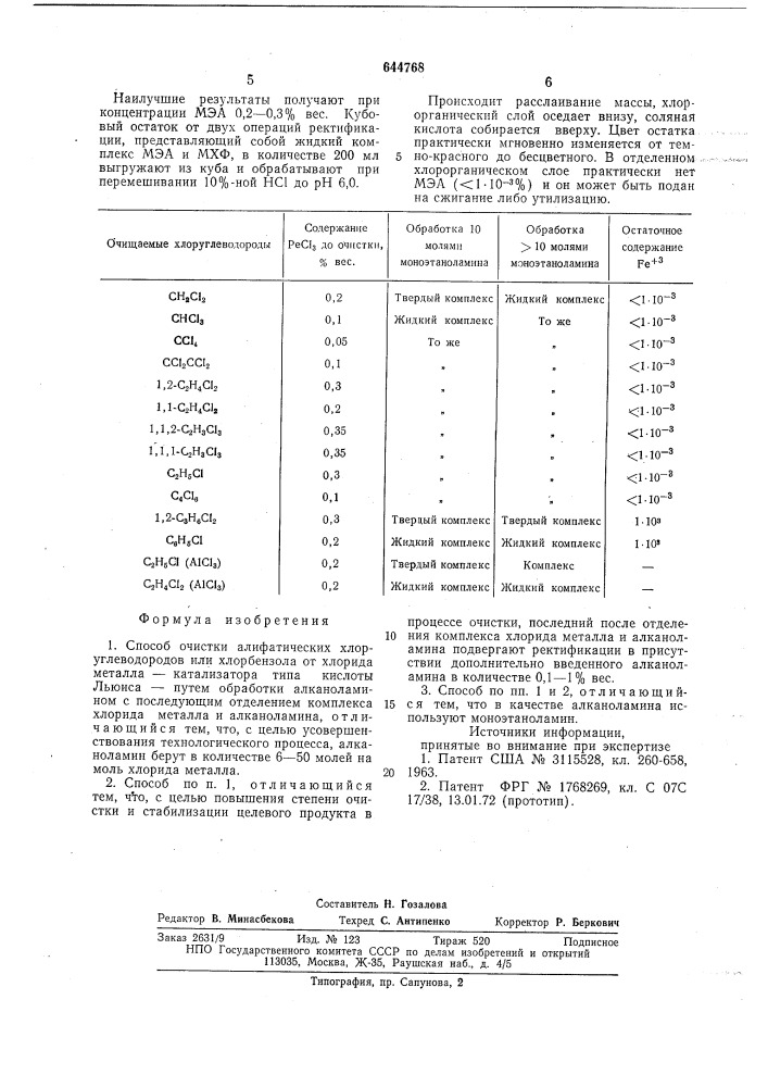 Способ очистки алифатических хлоруглеводородов или хлорбензола (патент 644768)