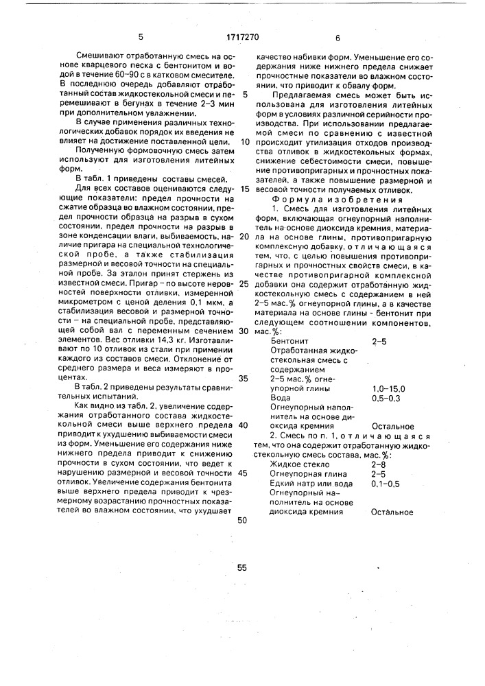 Смесь для изготовления литейных форм (патент 1717270)