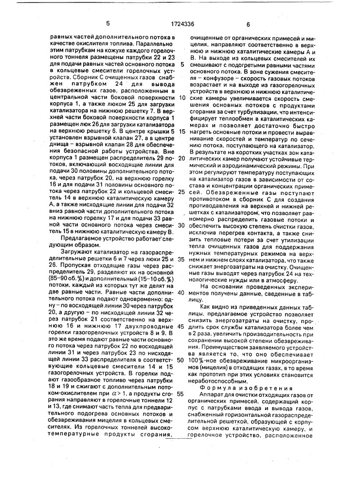 Аппарат для очистки отходящих газов от органических примесей (патент 1724336)