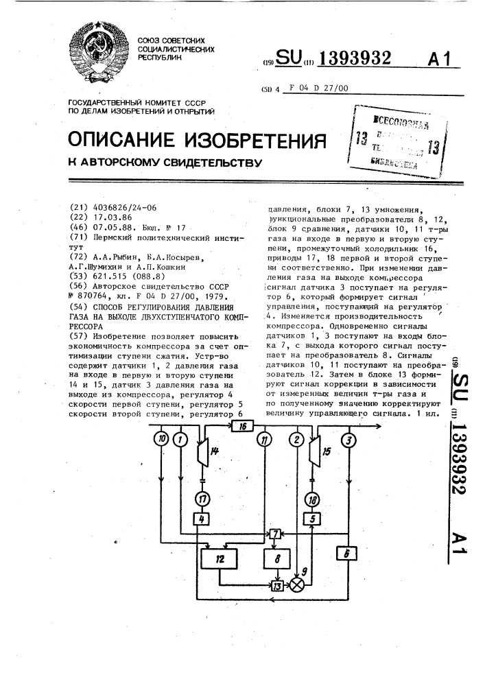 Способ регулирования давления газа на выходе двухступенчатого компрессора (патент 1393932)