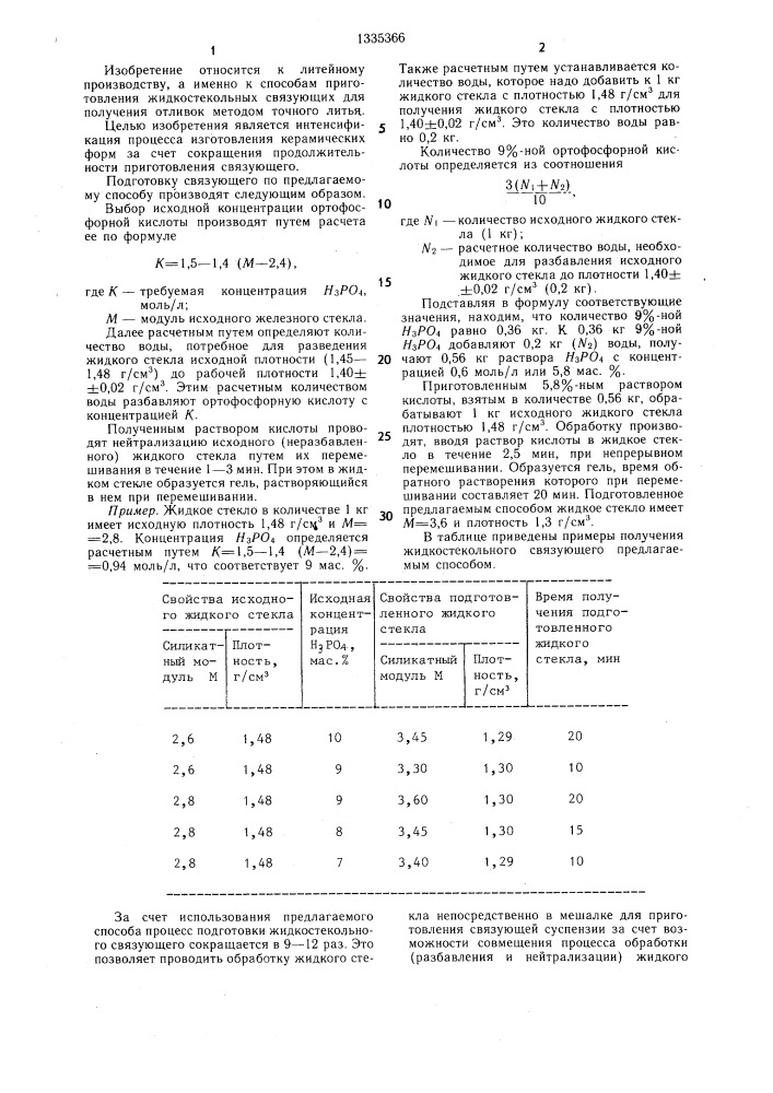 Способ приготовления связующего для изготовления литейных керамических форм по выплавляемым моделям (патент 1335366)