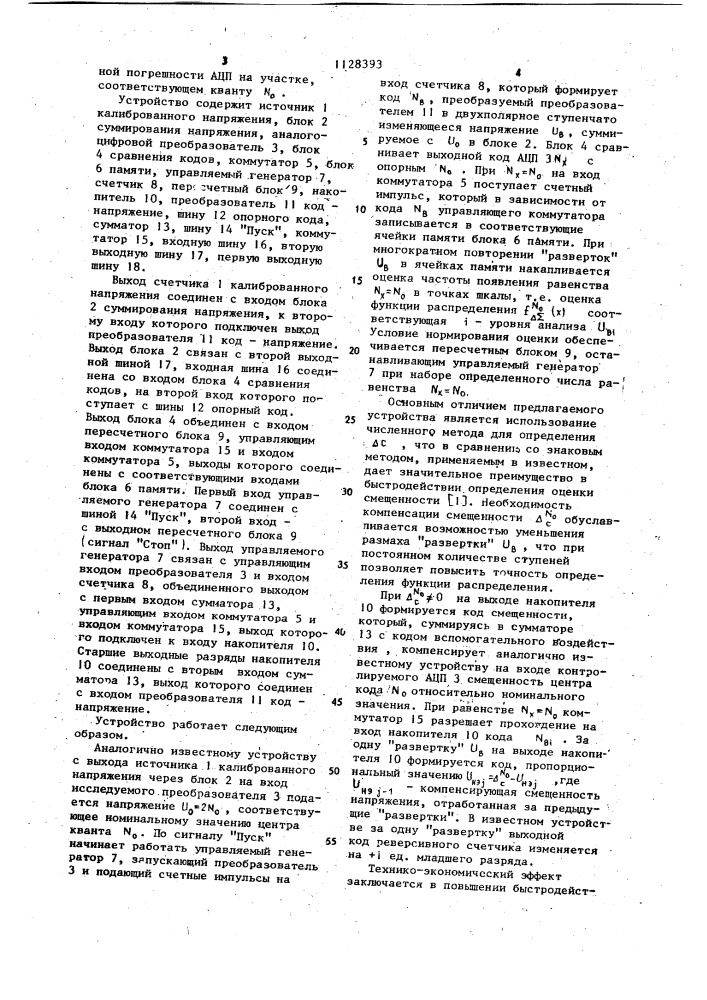 Устройство для измерения функции распределения погрешности аналого-цифровых преобразователей (патент 1128393)