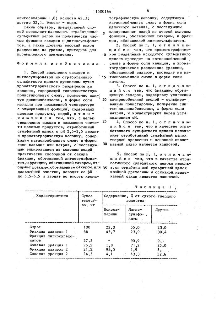 Способ выделения сахаров и лигносульфонатов из отработанного сульфитного щелока (патент 1500164)