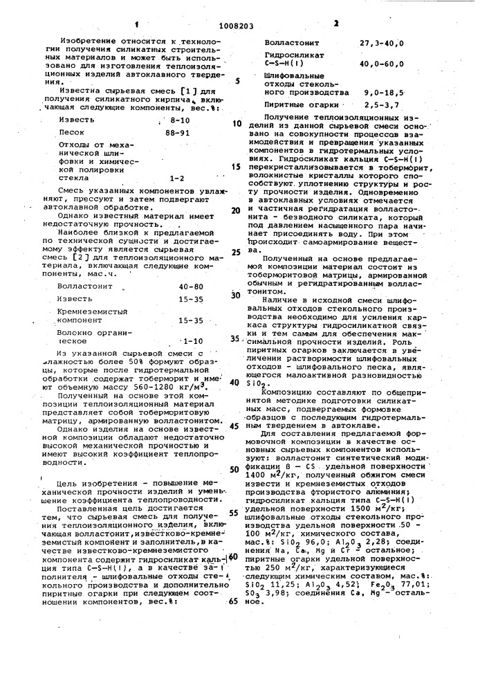 Сырьевая смесь для получения теплоизоляционных изделий (патент 1008203)