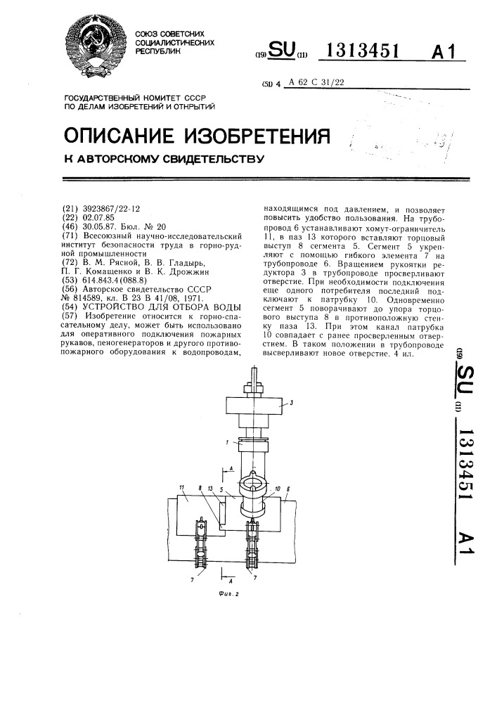 Устройство для отбора воды (патент 1313451)