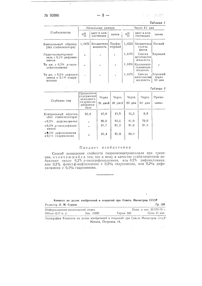 Способ повышения стойкости гидрооксицитронеллаля при хранении (патент 95996)