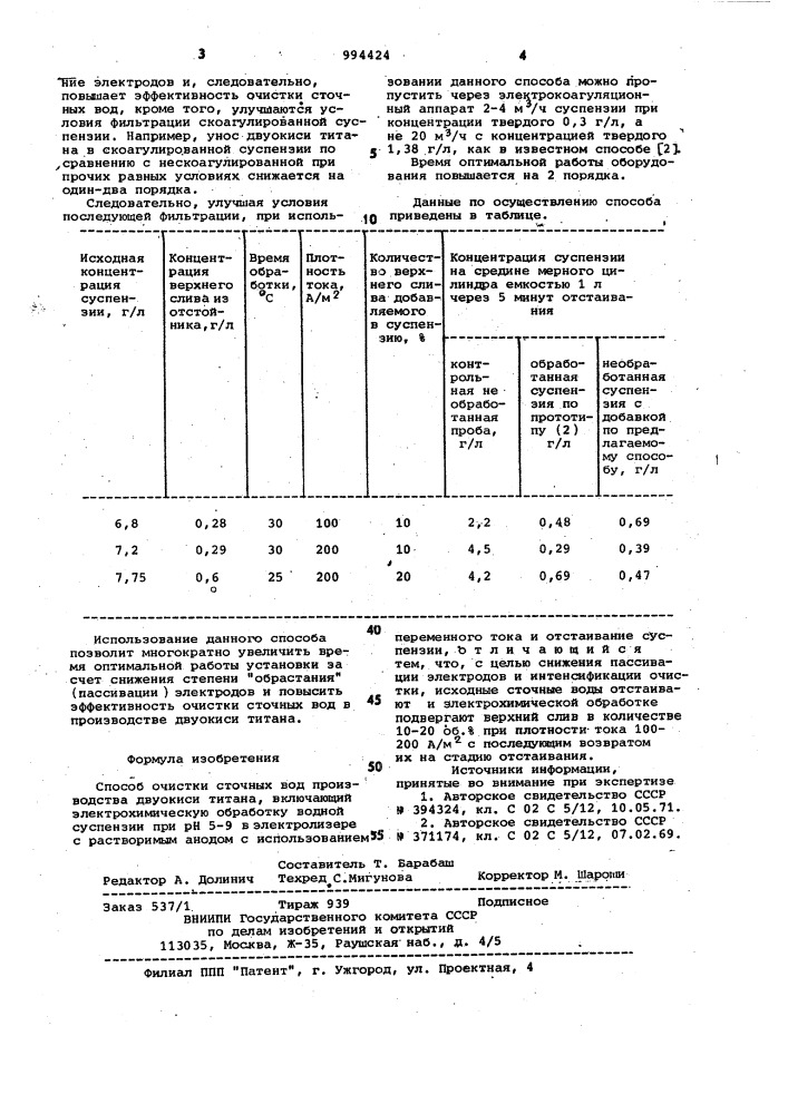 Способ очистки сточных вод производства двуокиси титана (патент 994424)