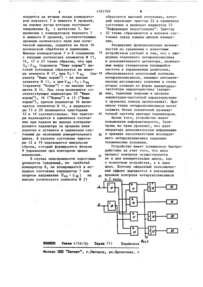 Устройство для допускового контроля амплитудно-частотной характеристики четырехполюсников (патент 1101760)