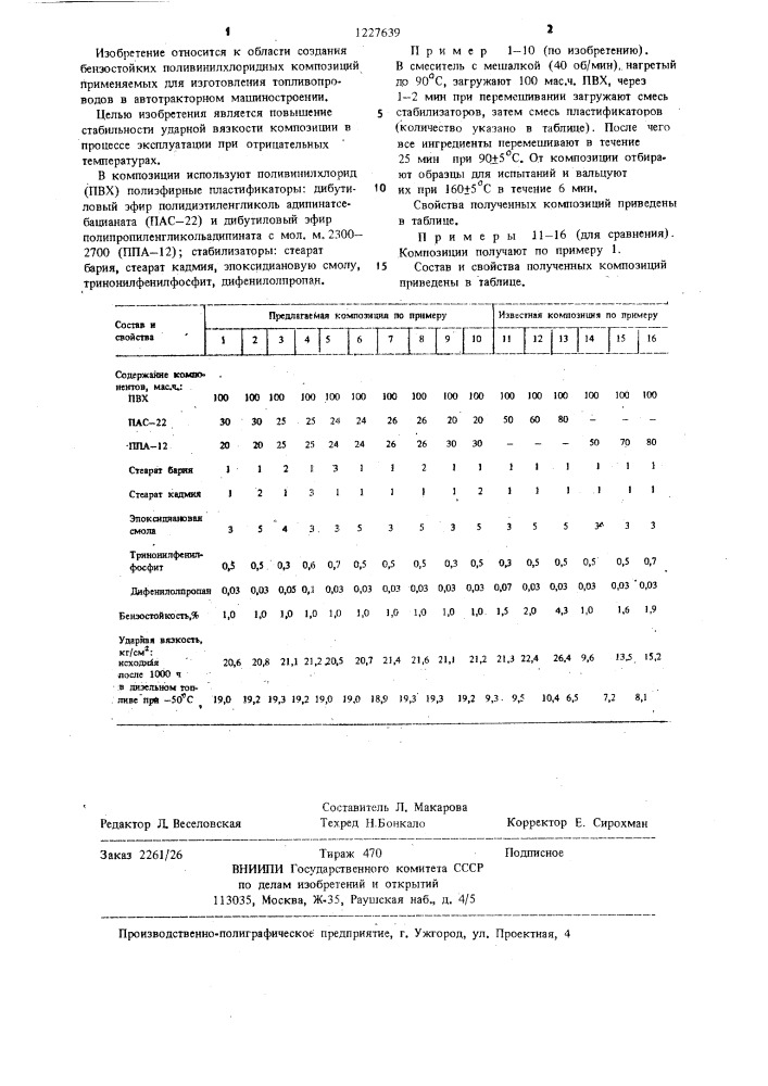 Бензостойкая композиция на основе поливинилхлорида (патент 1227639)