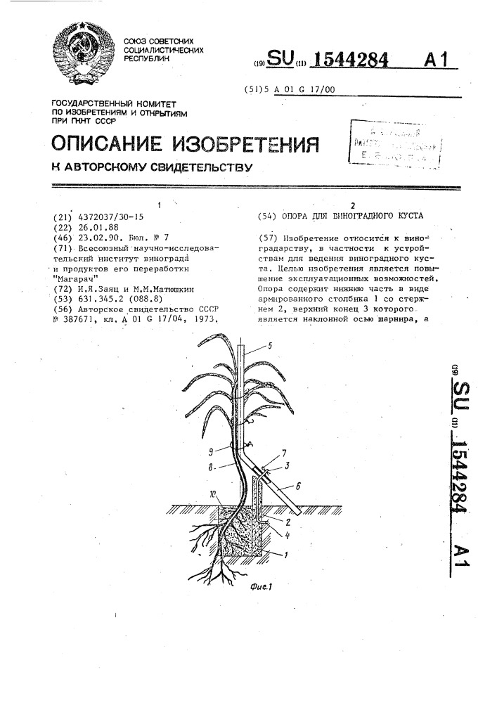 Опора для виноградного куста (патент 1544284)