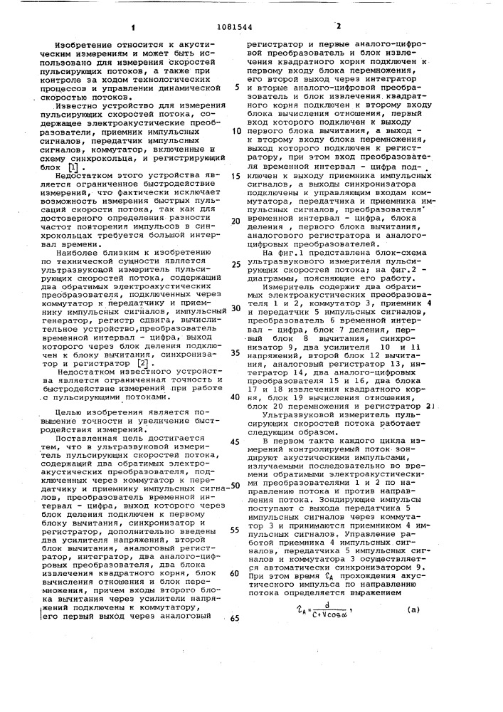 Ультразвуковой измеритель пульсирующих скоростей потока (патент 1081544)