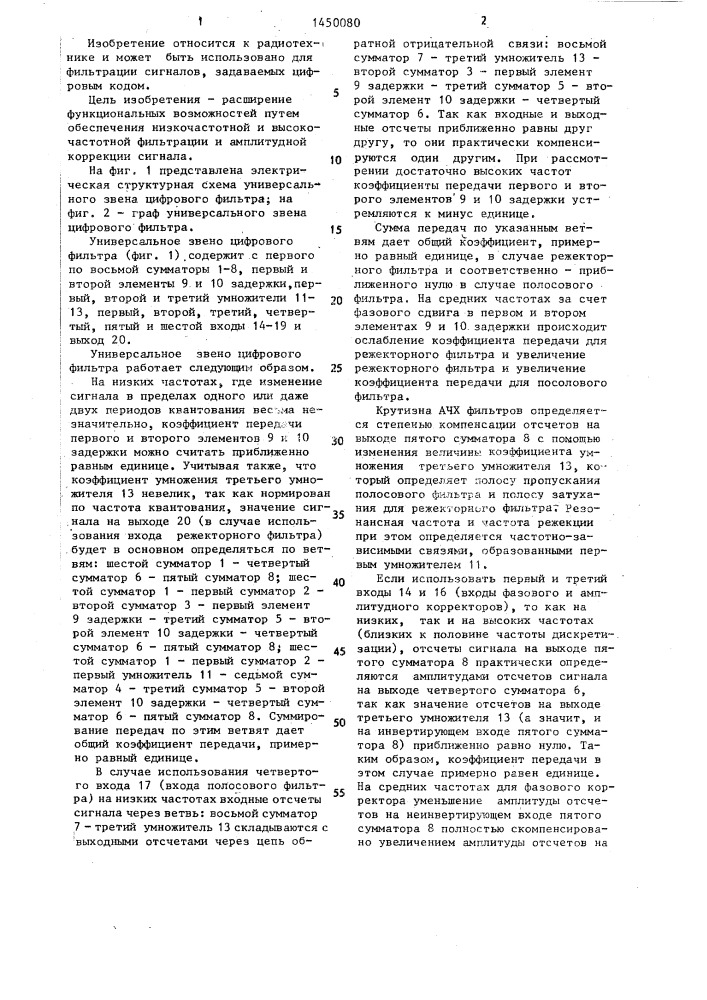 Универсальное звено цифрового фильтра (патент 1450080)