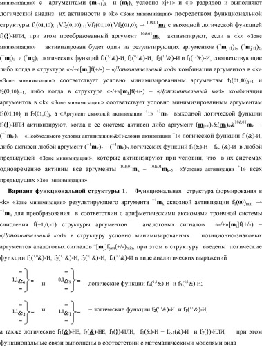 Способ формирования в "k" "зоне минимизации" результирующего аргумента +1mk сквозной активизации f1( 00)min → +1mk для преобразования в соответствии с арифметическими аксиомами троичной системы счисления f(+1,0,-1) структуры аргументов аналоговых сигналов «-/+»[mj]f(+/-), "дополнительный код" в структуру условно минимизированных позиционно-знаковых аргументов аналоговых сигналов ±[mj]fусл(+/-)min и функциональная структура для его реализации (варианты русской логики) (патент 2503124)