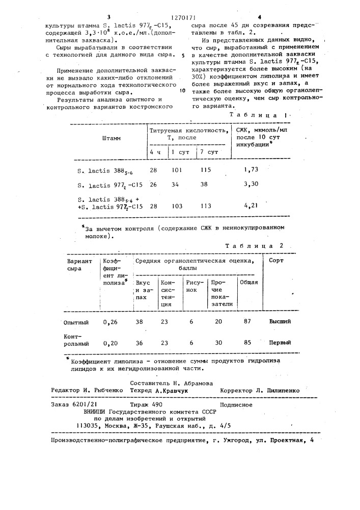 Штамм @ @ @ - @ ,используемый при производстве твердых сычужных сыров с низкой температурой второго нагревания (патент 1270171)