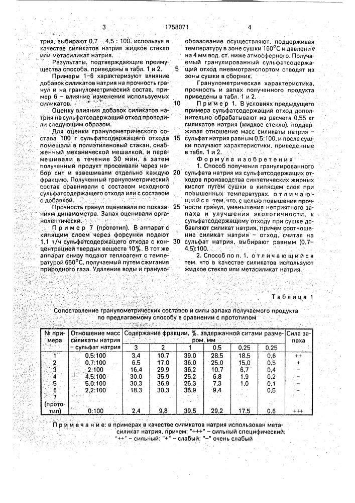 Способ получения гранулированного сульфата натрия из сульфатсодержащих отходов производства синтетических жирных кислот (патент 1758071)