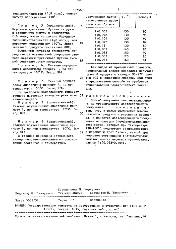 Способ получения тетраметилмочевины (патент 1502563)