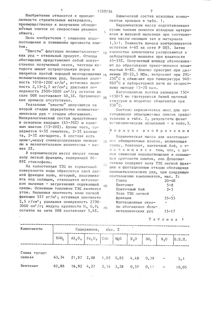 Керамическая масса для изготовления облицовочных плиток (патент 1350154)