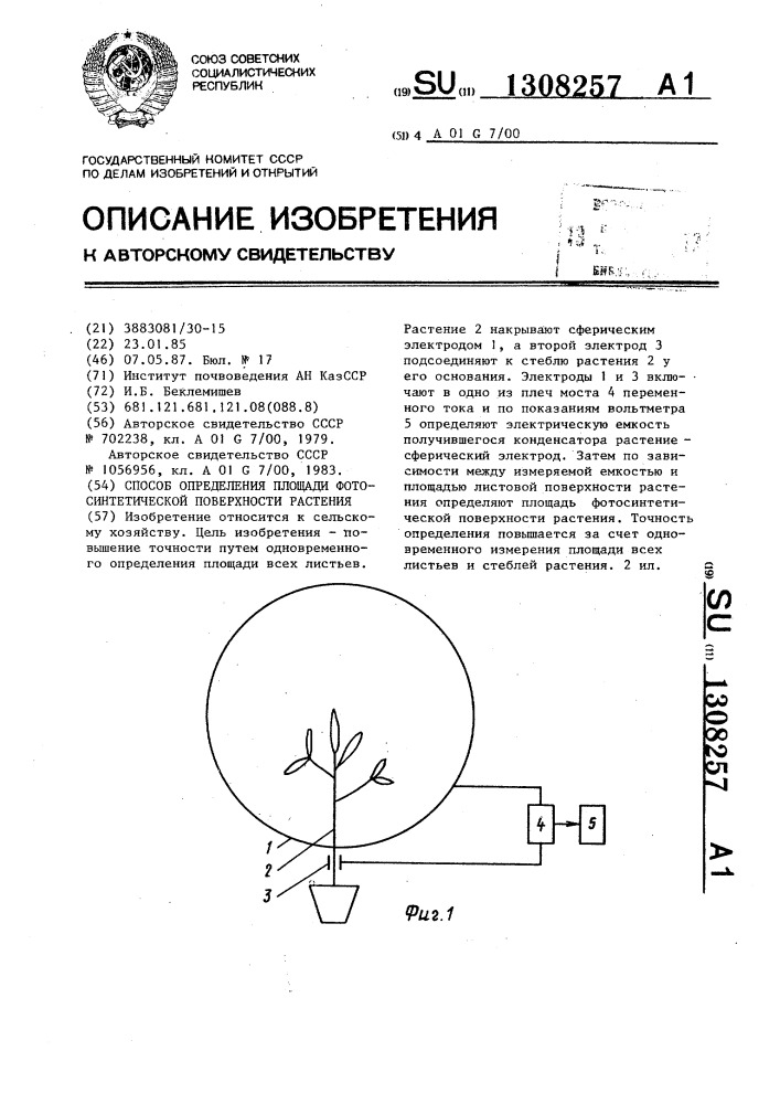 Способ определения площади фотосинтетической поверхности растения (патент 1308257)