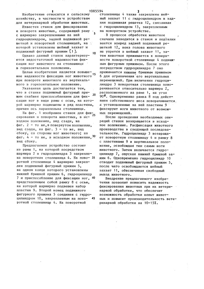Станок для фиксирования и поворота животных (патент 1085594)
