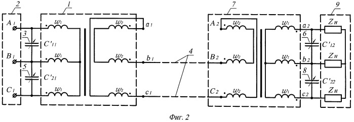 Устройство передачи электрической энергии трехфазного тока по двухпроводной линии (патент 2532534)