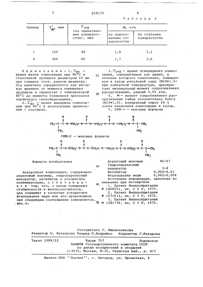 Анаэробная композиция (патент 658159)