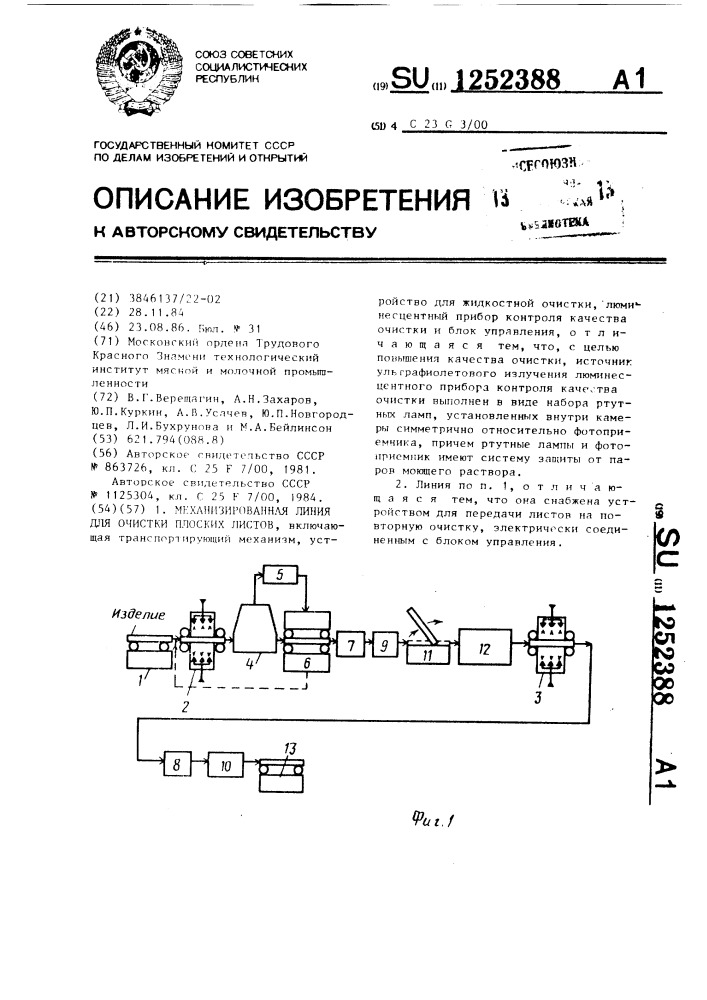 Механизированная линия для очистки плоских листов (патент 1252388)