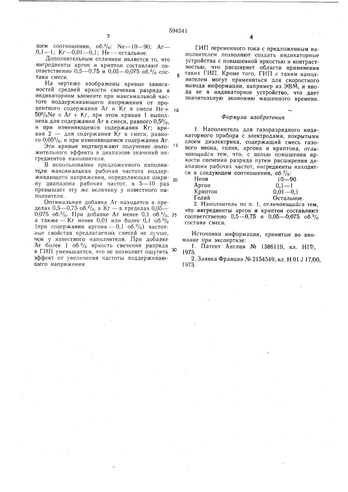 Наполнитель для газоразрядного индикаторного прибора (патент 594541)